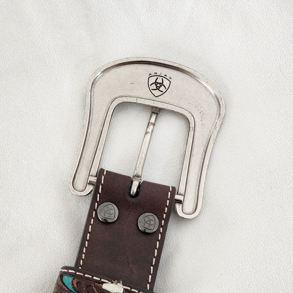 Ariat Women's Turquoise Inlay Floral Tooled Belt - Western Elegance! - Picture 6 of 13